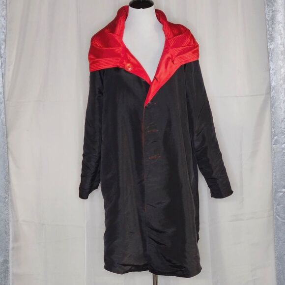 UbU Red Black Reversible Hooded Button Front A-line Opera Style Trendy Raincoat - Picture 7 of 15